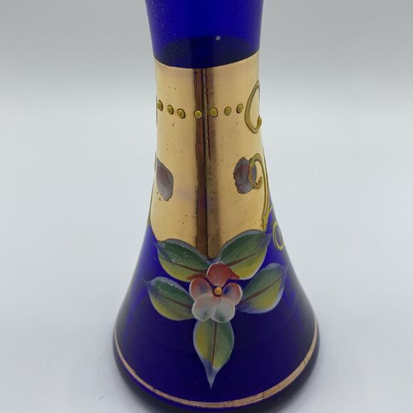Vintage Bohemian Czech Cobalt Hand Painted Enamel Flowers Bud Vase - Picture 3 of 9